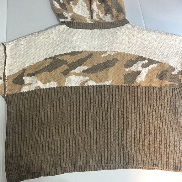 POL Cropped Mixed Knit Hoodie Oversized Cozy Soft ColorBlock Sweater Olive/ivory - Picture 8 of 12